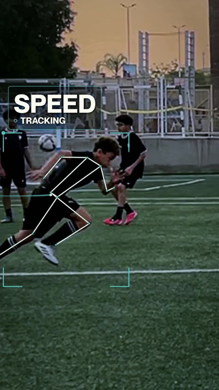 A young player mid sprint on a Cairo pitch, overlaid with AI motion capture lines and a speed tracking label.